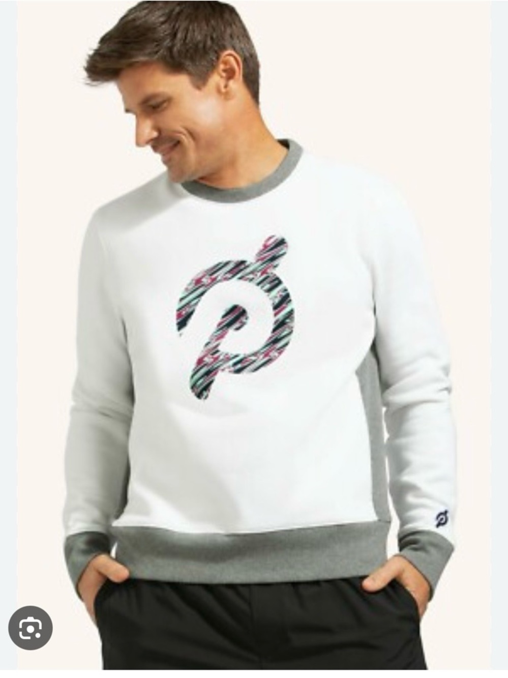 Peloton White Crewneck Sweater with Multicolor Striped Logo